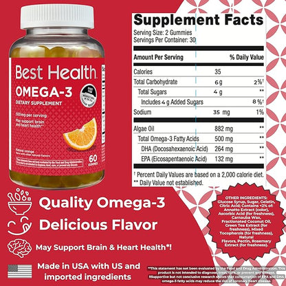 Omega-3 Gummies with 500mg of Omega-3 per Serving, Made from Algae, Natural Orange Flavor & Other Natural Flavors (60ct)