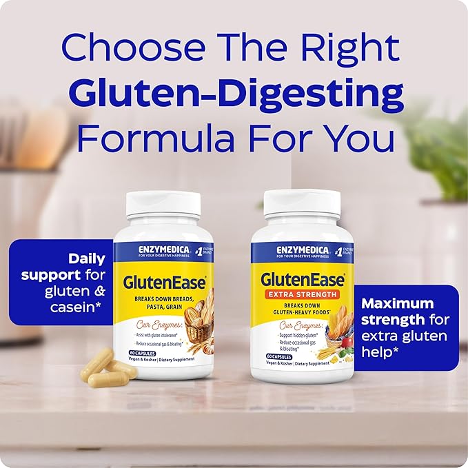 Enzymedica GlutenEase, Advanced Digestive Enzymes for Women and Men, Fast-Acting Formula for Bloating Relief & Digestive Health, Helps Break Down Gluten & Casein, 120 Capsules FFP