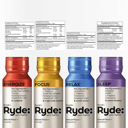 Ryde Discovery Pack | Energize, Focus, Relax & Sleep Shots | Green Tea Caffeine, Ginseng, B Vitamins, L-Theanine, Lemon Balm, Chamomile, Melatonin | 0 Calories, 0 Sugar | Variety Pack (8 Pack)