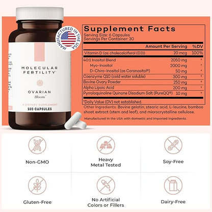 Ovarian Bloom - Doctor Formulated Fertility Supplement for Women - Hormone Balance, Egg Cell Health, Reproductive Wellness - 40:1 Myo-Inositol & D-Chiro Inositol - 30 Day Supply