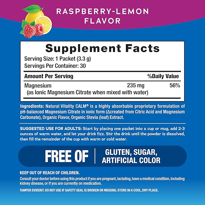 Natural Vitality Calm, Magnesium Citrate Supplement, Anti-Stress Drink Mix Powder - Gluten Free, Vegan, & Non-GMO, Raspberry Lemon, 0.12 oz, 30 Packets