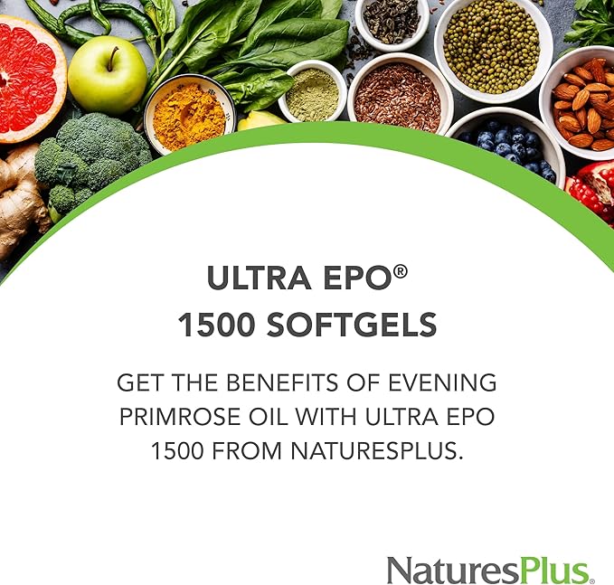 NaturesPlus Ultra EPO 1500 - Evening Primrose Oil - Premenstrual and Menopausal Antioxidant Support - Promotes Clear Skin - Gluten Free - 60 Softgels, 60 Servings