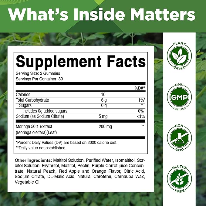 Vitamatic Moringa Gummies – Sugar-Free Botanical Extract – Green Superfood Supplement – Vegan, Pectin-Based, Non-GMO – Plant-Based Gummies – 60 Count