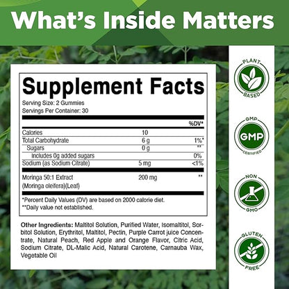 Vitamatic 2 Packs Moringa Gummies – Sugar-Free Botanical Extract – Green Superfood Supplement – Vegan, Pectin-Based, Non-GMO – Plant-Based Gummies – 60 Count