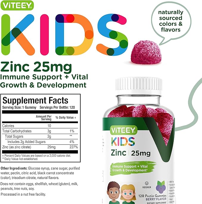 Viteey Zinc for Kids Gummies, 25mg - Immune Support for Kids & Teens - Powerful Natural Antioxidant, Kids Zinc Vitamin Supplement - Vegan, Gelatin Free, Gluten Free - Tasty Chewable Berry Flavor Gummy