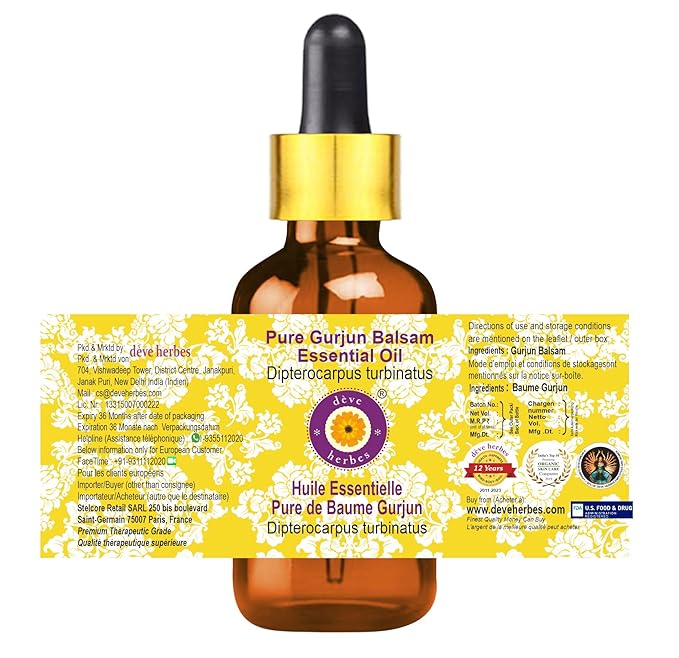 Deve Herbes Pure Gurjun Balsam Essential Oil (Dipterocarpus turbinatus) with Glass Dropper Steam Distilled 10ml (0.33 oz)