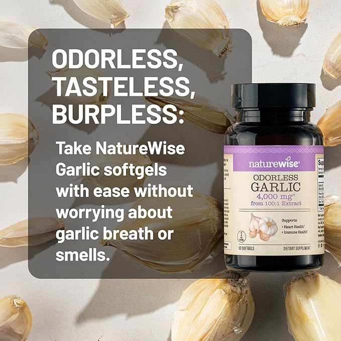 NatureWise Odorless Garlic Supplement 4000mg - Ultra Potent 100:1 Extract - Healthy Cholesterol Formula, Heart Health Support - Non-GMO, Gluten Free, with Halal Gelatin - 180 Count[90-Day Supply]