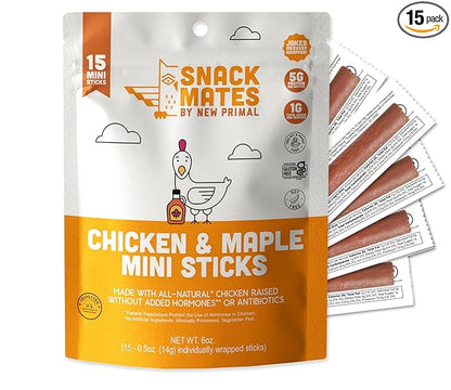 The New Primal Snack Mates Chicken & Maple Sticks, Gluten Free Healthy Snacks for Kids, Low Sugar High Protein Back to School Snacks, Mini Paleo Jerky Meat Stick, 5g Protein, 35 Calories, 15 Pack