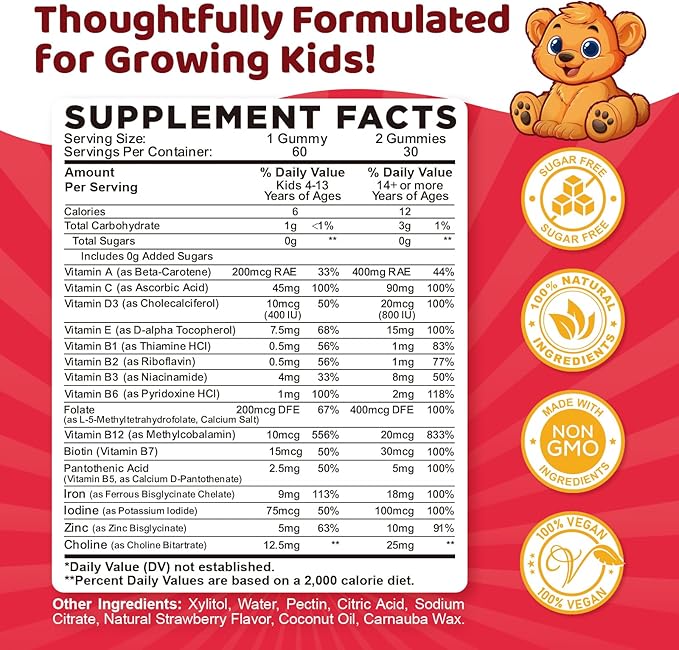 Iron Supplement Gummies for Kids, Kids Multivitamin with Iron Gummies - Zinc, Vitamin B Complex, A, C, D3, B12, Folate for Blood Builder & Energy Support, Iron Deficiency, Vegan Strawberry 60 Gummies