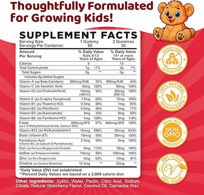 Iron Supplement Gummies for Kids, Kids Multivitamin with Iron Gummies - Zinc, Vitamin B Complex, A, C, D3, B12, Folate for Blood Builder & Energy Support, Iron Deficiency, Vegan Strawberry 60 Gummies