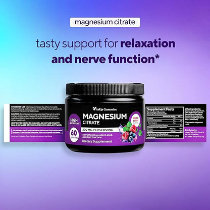 Magnesium Gummies for Women 200 mg – High Absorption Magnesium Citrate Gummies – Chewable Supplement for Adults to Support Normal Nerve, Bone & Heart Function – Vegan Chews, 60 Count