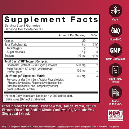 Force Factor Total Beets Gummies, Blood Pressure Support, Liposomal Beet Powder for Superior Absorption, Grape Seed for Nitric Oxide, Circulation & Heart Health, Sugar Free, Mixed Berry, 60 Gummies