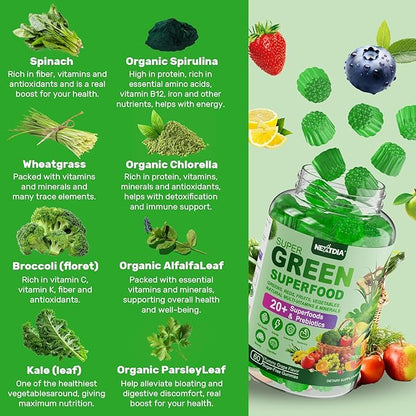 Super Greens Multivitamin Gummies, Daily Greens Superfood Gummies w/Spirulina, Chlorella, Multivitamins, Prebiotic Fiber, Adaptogens, Support Digestive & Gut Health, Immunity, Focus & Energy, 120Cts