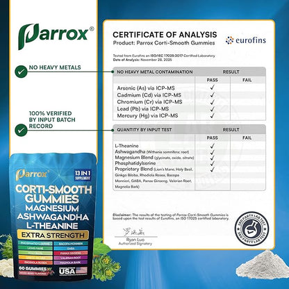 Corti-Smooth Cortisol Support Gummies with Magnesium, L-Theanine, Ashwagandha, Phosphatidylserine, Bacopa Monnieri, Lions Mane, Ginkgo Biloba, Valerian Root (Mixed Berry Flavor - 2 Pack)