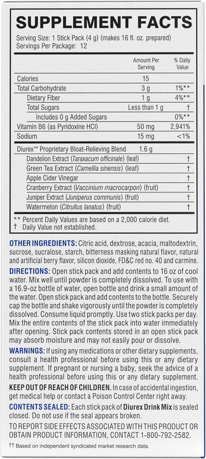 Diurex Drink Mix - Diuretic Supplement - Mixed Berry Flavor - Bloat Relief with Diurex Proprietary Bloat-Relieving Blend - Single Serve - 12 Pack
