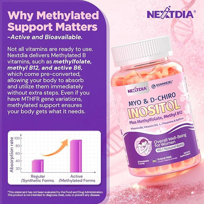 Myo-Inositol & D-Chiro Inositol Gummies + MTHF Folate, Methyl B12, Vitamin B6 & D3, Inositol Supplement for Women for Ovarian, Hormone Balance, PMS, Sleep, Mood & Energy, 40:1 Ratio, Sugar Free, 60Cts