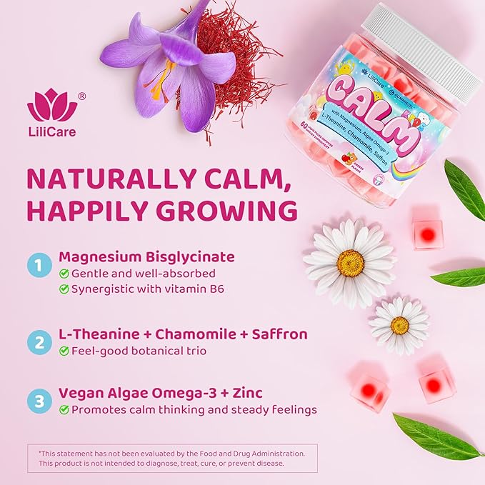Kids Calm Magnesium Bisglycinate Saffron Gummies + Vegan Omega 3 - Magnesium Glycinate Chelated Supplement for Kids w/L-Theanine & Chamomile, Natural Calming Supplement Focus Gummies Sugar Free, 60ct