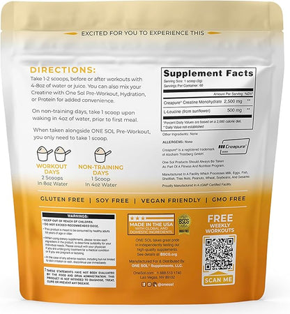One Sol Creatine for Women, All Natural Women’s Creatine Powder w Creapure & Leucine, Increase Lean Muscle Mass, Reduce Recovery Time, Promotes Brain & Bone Health (Unflavored, 60 Servings)