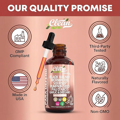 para Defend Wormwood Black Walnut Cleanse for Humans Drops Liquid Soursop Garlic Pumpkin Seed PAU D'Arco Oil of Oregano Turmeric Berberine Neem Extract Hull Bark Tincture by Clean Nutra