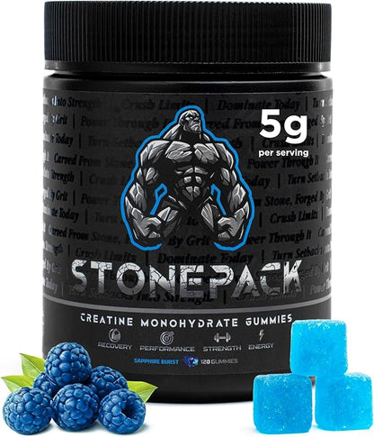 STONEPACK Creatine Gummies – The Only Lab-Verified 5g Creatine Monohydrate | Plus B12 for Energy, Accurate Dosing, Sugar-Free, Vegan, Gluten-Free | 120 Count Blue Raspberry Flavor