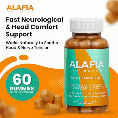 Alafia Naturals Miggummies - World's First Cranial Comfort and Support Gummy - Magnesium Glycinate, Butterbur, Feverfew, CoQ10, Vitamin B2 400mg Riboflavin 400mg 60ct