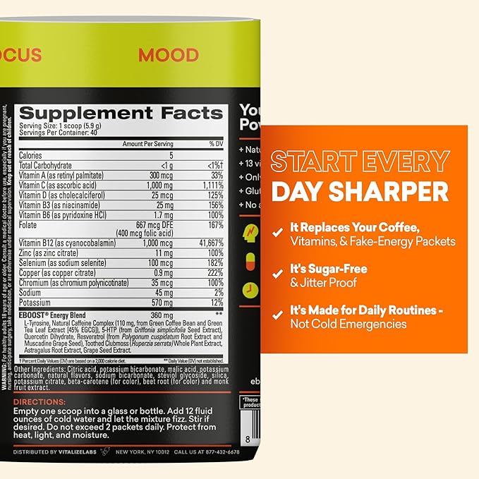 EBOOST Energy Drink & Electrolyte Powder Drink Mix - Super Powder Orange with No Added Sugar, Blend of Vitamins, Nootropics, Natural Caffeine & Hydration - Pre & Post Workout - 40 Serving Tub