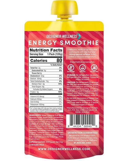 Designer Wellness Energy Smoothie, Real Fruit, 100mg Natural Caffeine, 5g Protein, Low Carb, Zero Added Sugar, Gluten-Free, Strawberry Watermelon, 12 Count