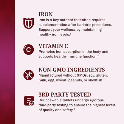 BioSchwartz Bariatric Vitamin C with Iron 45mg Chewable Tablets - 30 Servings, 60 Tablets - Sugar-Free, Fast-Dissolving Bariatric Iron Supplement for Women - Gentle on Stomach, Black Cherry Flavored