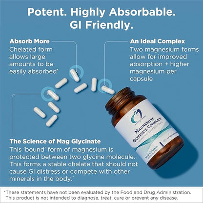 Designs for Health Magnesium Glycinate Complex - Chelated Magnesium Bisglycinate + High Absorption Magnesium for Calming & Sleep, Heart Health, Immune Support & Bone Strength - Vegan (120 Capsules)