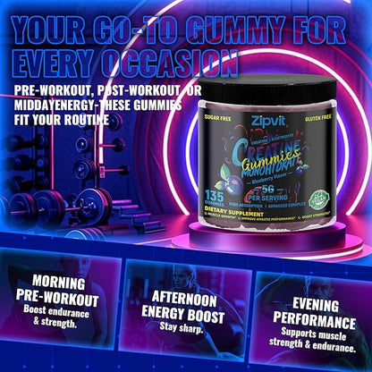zipvit Creatine Monohydrate Gummies (5g) – Pre-Workout Energy & Muscle Growth Support for Men & Women | Blueberry Electrolyte Gummies (135 Count)