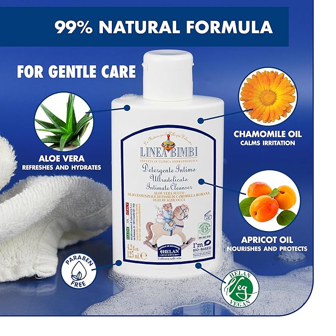Helan Linea Bimbi Bio-Feminine Wash for Girls with Aloe Vera, Apricot & Chamomile Essential Oils-Microbiologically Tested Intimate Wash and Gentle Baby Intimate Cleanser-Made in Italy, 125ml 4.2 fl oz