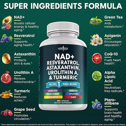 NEW AGE NAD+ Supplement - Astaxanthin, Urolithin A, Resveratrol, CoQ10 & Antioxidant Blend – Cellular Energy, Mitochondrial Support – Vegan, Non-GMO- 120 Count