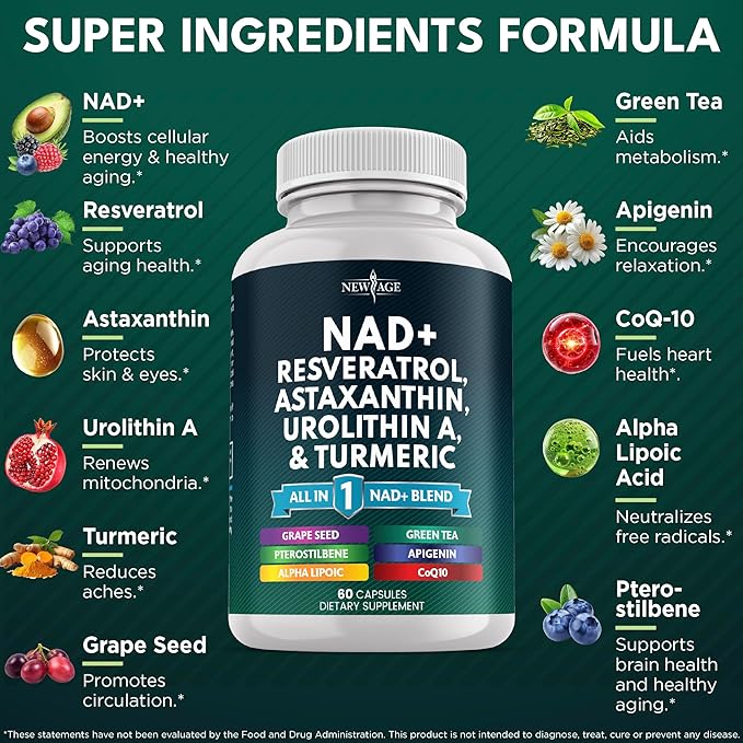 NEW AGE NAD+ Supplement - Astaxanthin, Urolithin A, Resveratrol, CoQ10 & Antioxidant Blend – Cellular Energy, Mitochondrial Support – Vegan, Non-GMO- 180 Count