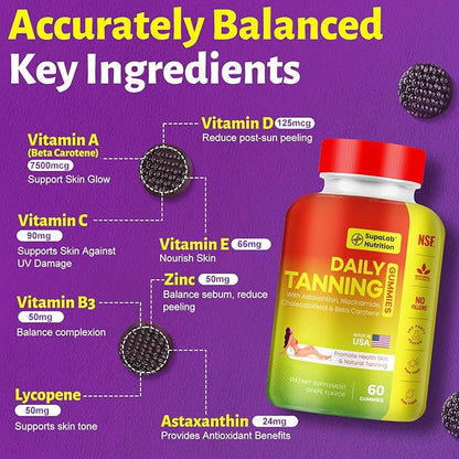 Tanning Gummies for Women Men - Natural Self Tanner Supplement with Astaxanthin, Beta Carotene, Lycopene, Zinc Citrate & Vitamins, Sunless Tan Booster, Skin Hydration & Glow (Purple)