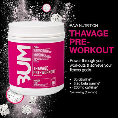 RAW Pre Workout Powder, Thavage (Dragon Fruit) - Chris Bumstead Sports Nutrition Supplement for Men & Women - Cbum Pre Workout for Working Out, Hydration, Mental Focus & Energy - 40 Servings