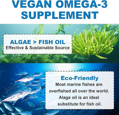 Vegan Omega 3 Gummies - Algal Oil Omega 3 Supplement with DHA, EPA & 10 Essential Vitamins, Fish Oil Alternative - Support Brain, Eye & Immunity for Adults, Orange Flavor, 120 Count