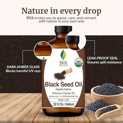 SVA Black Seed Oil Organic - 32 Fl Oz – 100% Natural Cold Pressed Organic Black Seed Oil - for Face, Skin Care, Hair Care, Scalp Massage & Body Massage – Carrier Oil