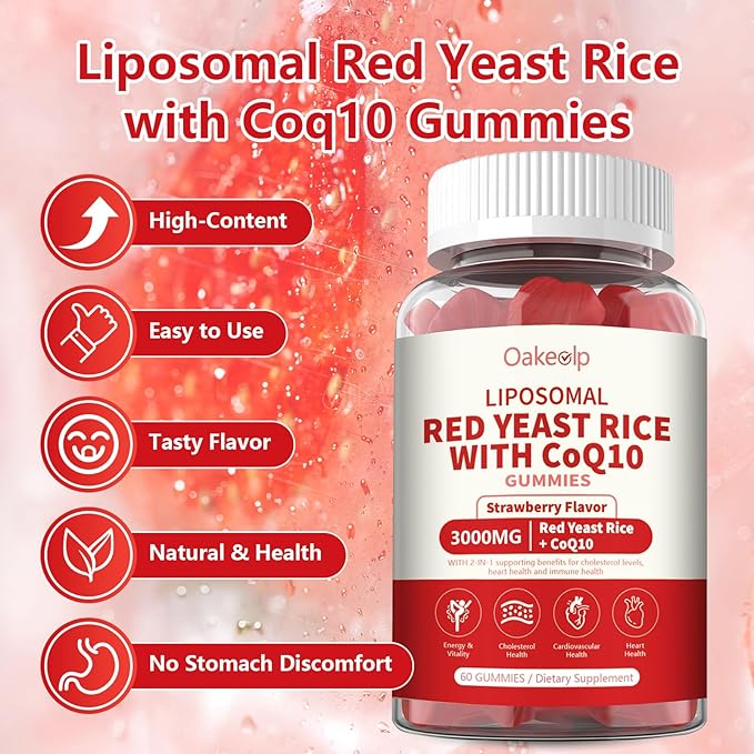 30 Day Supply Liposomal Red Yeast Rice with Coq 10 3000mg Gummies,Organic Red Yeast Rice Cholesterol Lowering Supplements, Enhanced with Coq 10 for Heart Support,Liposomal Enhance 98% Absorption