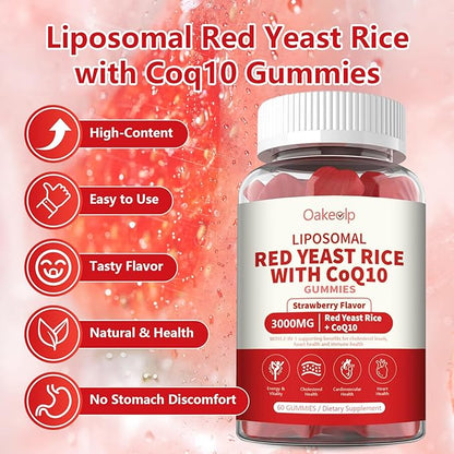 2 Pack Liposomal Red Yeast Rice with Coq 10 3000mg Gummies,Organic Red Yeast Rice Cholesterol Lowering Supplements, Enhanced with Coq 10 for Heart Health Support,Liposomal Enhance 98% Absorption