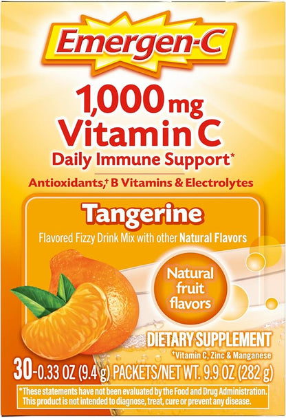 Emergen-C 1000mg Vitamin C Immune Support Powder Tangerine 30CT includes Zinc, Manganese, 7 B Vitamins and Electrolytes for Back to School Essentials