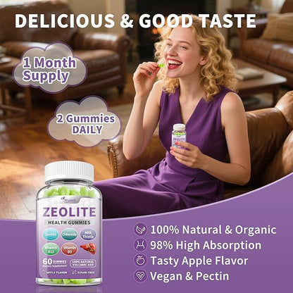 Zeolite Gummies for Kids & Adults - Zeolite Clinoptilolite, Chlorella, Milk Thistle- Supports Immune Health, Gut and liver, Natural Metabolism, Vegan, Non-GMO, Sugar Free, Apple Flavor, 60 Count
