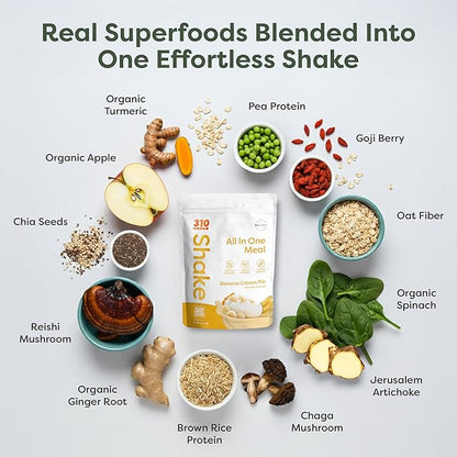 310 Nutrition All-In-One Plant-Based Meal Replacement Shake – High-Fiber Protein with Probiotics, Digestive Enzymes & Adaptogens – Vegan, Low Carb, Keto Friendly Superfood Blend – Banana Cream Pie – 28 Servings