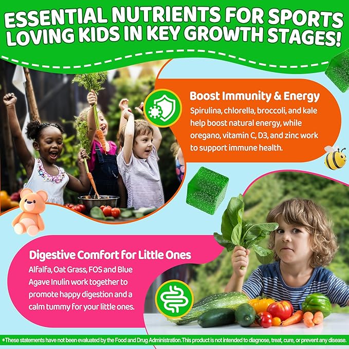 Kids Super Greens Gummies, w/Multivitamins, 20+ Veggie Fruit, Prebiotics, Calcium, Omega-3 (DHA/EPA), Kids Vitamins Greens Superfood Gummies for Picky Eaters Growth, Energy, Immune, Digestion, 1 Pack
