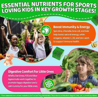 Kids Super Greens Gummies, w/Multivitamins, 20+ Veggie Fruit, Prebiotics, Calcium, Omega-3 (DHA/EPA), Kids Vitamins Greens Superfood Gummies for Picky Eaters Growth, Energy, Immune, Digestion, 1 Pack