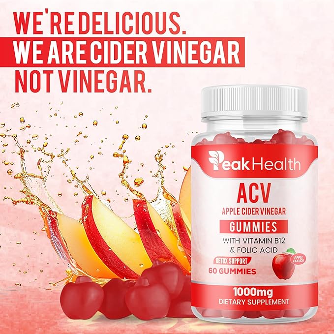 Peakhealth Apple Cider Vinegar Gummies with Vitamins - Delicious Apple Flavor for Women's Health, Metabolism Support & Digestive Wellness, 1000mg ACV with B12, B6, Folic Acid, 60 Vegan Gummies