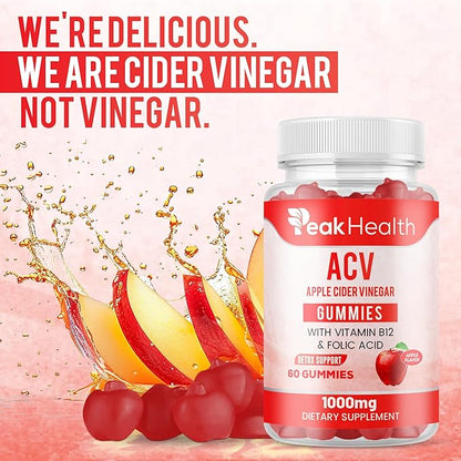 Peakhealth Apple Cider Vinegar Gummies with Vitamins - Delicious Apple Flavor for Women's Health, Metabolism Support & Digestive Wellness, 1000mg ACV with B12, B6, Folic Acid, 60 Vegan Gummies