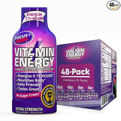 Vitamin Energy Focus+ Extra Strength Energy Shot Berry 48 Pack, 260mg Natural Caffeine, B-Vitamins, CoQ10, Amino Acids, Focus, Productivity & Clarity, Zero Sugar, Gluten-Free, 1.93 fl oz