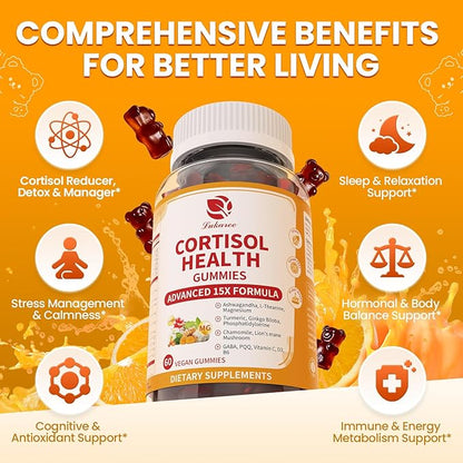 Lukaree Cortisol Supplements for Women & Men, 15 in 1 Cortisol Reducer Manager, Cortisol Calm Gummies with Ashwagandha, Magnesium, L-theanine, GABA - for Mood, Focus, Sleep - Vegan Sugar Free, 2 Pack