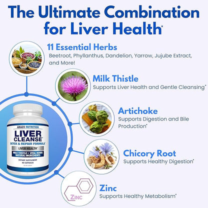 Arazo Nutrition Liver Cleanse Detox & Repair Formula – Milk Thistle Herbal Support Supplement: Silymarin, Beet, Artichoke, Dandelion, Chicory Root