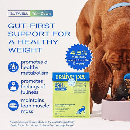 Native Pet GutWell Trim Down - Weight Management Dog Food Topper & Weight Loss Supplement Promotes Feelings of Fullness, Healthy Metabolism & Lean Muscles with Triple-Biotic & L-Carnitine - 60 Scoops
